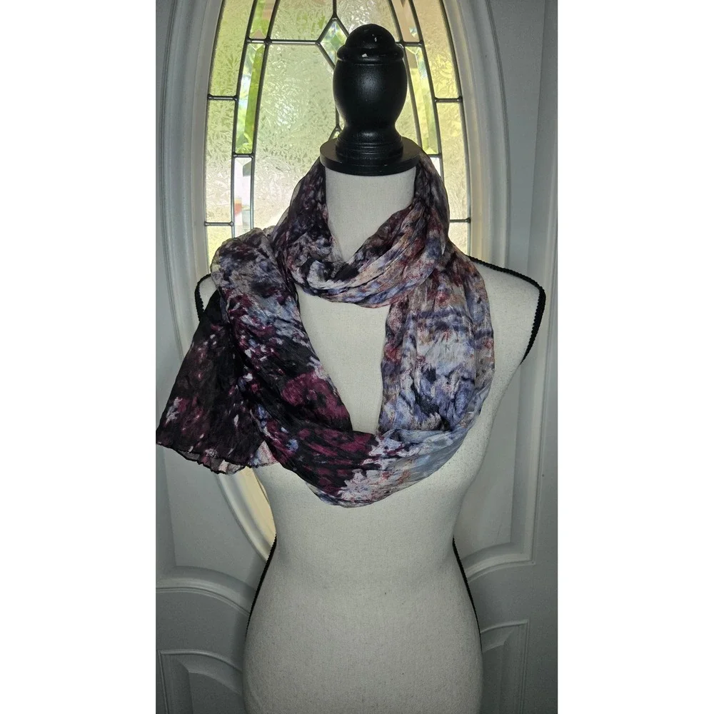 Vivante by USA 100% Silk Abstract Floral Oblong Scarf Purple Gray Black‎ 65